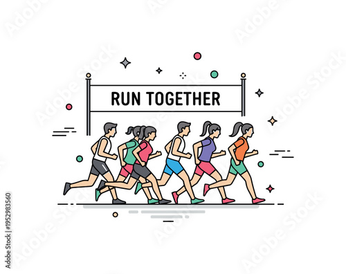 Charitable sports event scene showing multiple runners side by side with a banner reading Run Together, conveying solidarity and collective impact. The compact