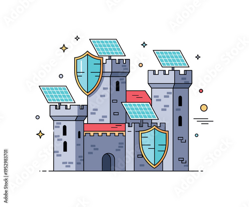 Reimagined medieval castle with energy shields and sleek solar panels integrated into stone towers, expressing resilience and adaptation across eras. A modern
