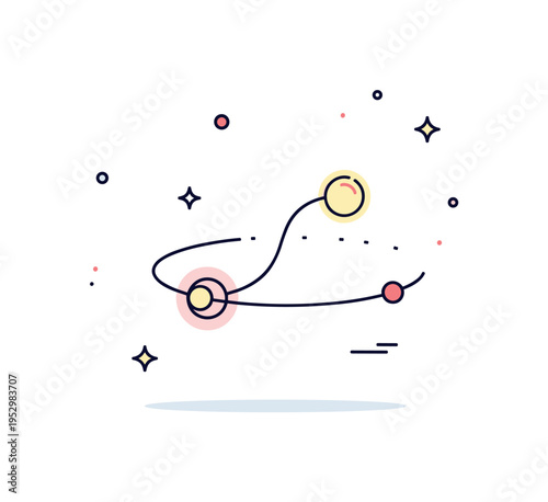 Quantum entanglement concept centered on two glowing particles connected by a thin curved line across a small orbital field, symbolizing instant correlation,