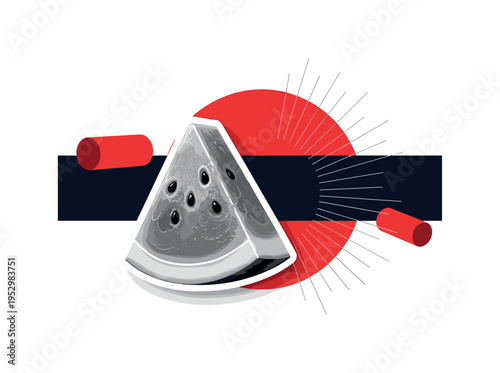 Monochrome watermelon slice viewed from the side with visible seeds, high-contrast black and white with sticker-like white contour around the slice, oversized