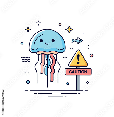 Jellyfish sting warning depicted through a simple jellyfish icon with a small caution sign nearby, symbolizing marine life awareness and protective behavior
