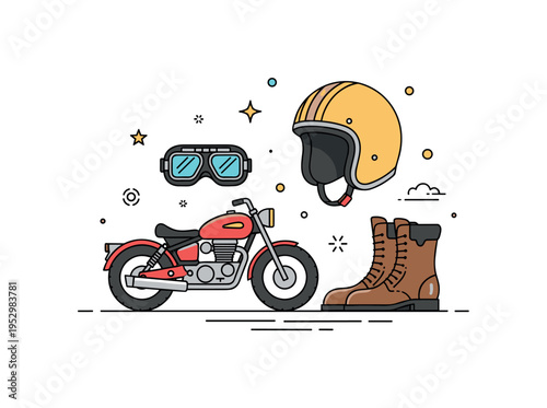 Motorcycle rider essentials focusing on a vintage helmet, goggles, and leather boots arranged around a compact bike icon, expressing authenticity and heritage