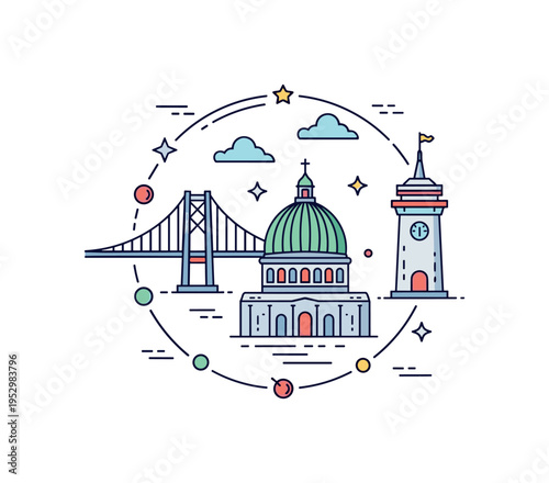 World landmarks tourism badge featuring minimal silhouettes of a suspension bridge, a cathedral dome, and a historic tower arranged within a circular frame. A