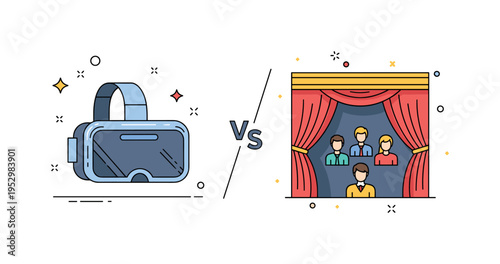 Virtual reality and live theater contrast VR headset with small digital sparkle accents opposite classical stage curtains, expressing immersive technology