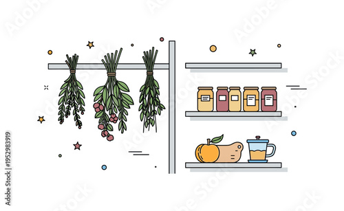Farmhouse pantry storage scene centered on hanging herb bundles next to simple shelving lines, expressing rustic charm, practicality, and seasonal harvest