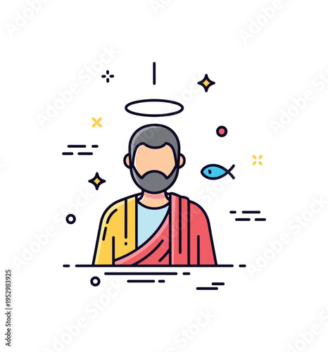 Biblical apostle Saint Peter theme showing a robed figure with subtle halo accent and small fish symbol nearby, referencing faith and early Christian