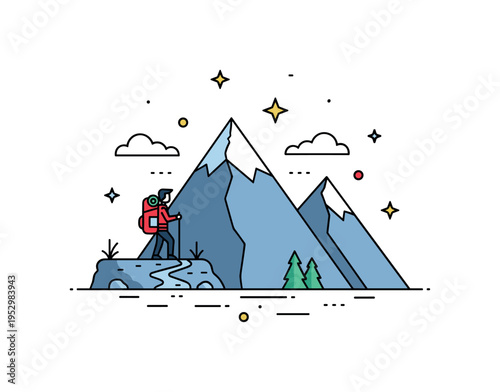Mountain hiking adventure illustrated by a small backpacker silhouette standing on a trail overlooking peaks, symbolizing achievement, resilience,