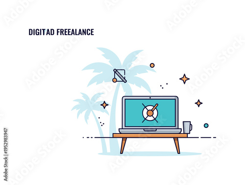 Digital nomad freelance workspace shown as a laptop on a small table with subtle palm tree silhouette in background, expressing mobility and freedom of