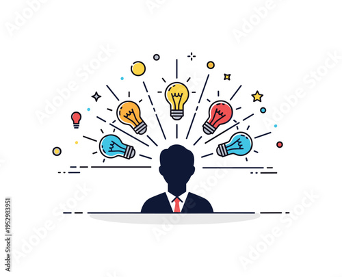 Creative burst of thoughts illustrated with a silhouette surrounded by lightbulb icons radiating outward like a splash, expressing inspiration mixed with