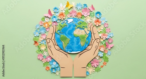 Hands cradle Earth globe, surrounded by paper flowers and butterflies, on a pastel green background