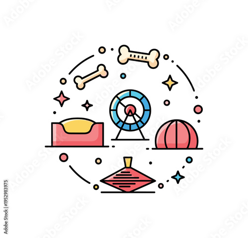 Safe pet exercise zone enclosed play area with soft bedding, chew toy and spinning wheel forming a tidy circular arrangement, expressing safety and joyful