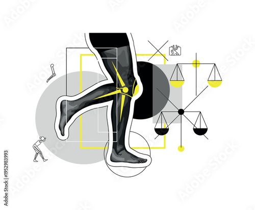 Modern graphic collage of black-and-white vintage legs in motion performing a therapeutic exercise step, overlapping transparent geometric rectangles and