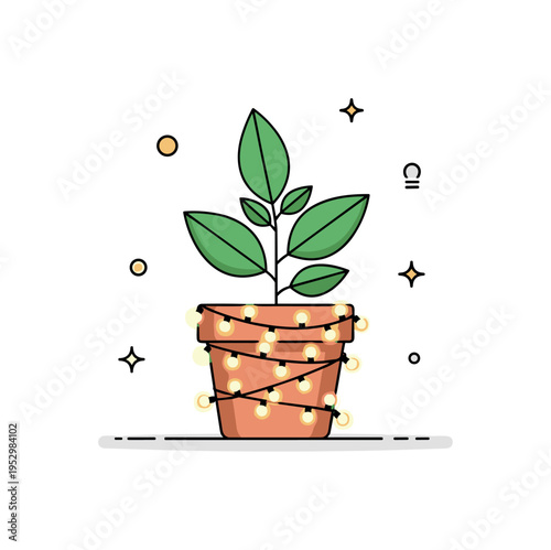 Garden fairy lights evening small potted plant wrapped with a delicate string of warm glowing bulbs, creating cozy twilight ambiance and soft outdoor charm.
