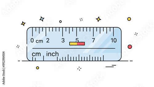 Transparent ruler close-up showing centimeter and inch scales with a highlighted midpoint mark. The scene communicates clarity, balance, and accurate