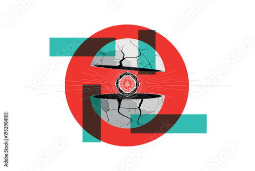 monochrome floating sphere cracked open revealing smaller geometric core, bold red circle backdrop and teal rectangular overlays intersecting layout, fine
