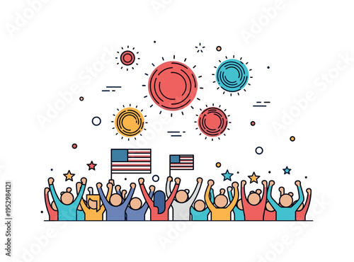 Mass celebration fireworks night illustration featuring a cheering crowd at the bottom with bold circular firework shapes above. The scene expresses triumph,