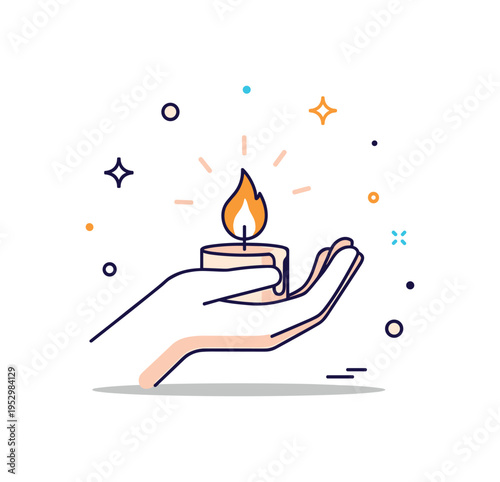 Candlelight reflection moment illustrated through a calm silhouette gently cupping a small flame with subtle glow accents, symbolizing inner peace,