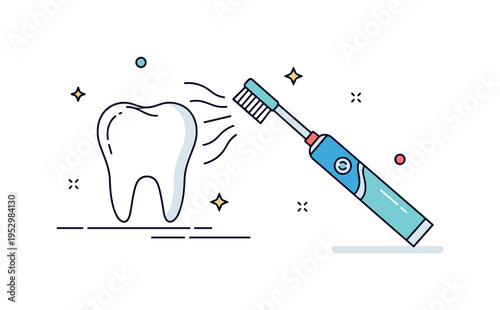 Electric toothbrush usage illustrated with a modern toothbrush emitting gentle motion lines near a bright white tooth, conveying technology, efficiency, and