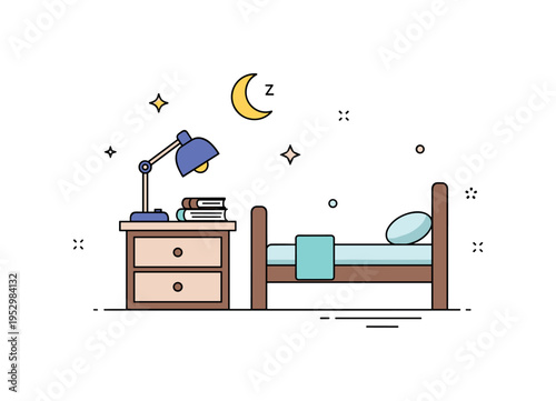 Relaxing night routine illustration showing a bedside table with a book, dim lamp, and moon symbol above, expressing wind down habits before sleep. Clean