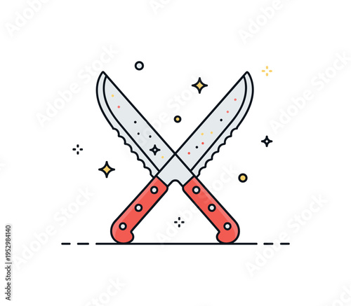 Premium steak knife set two crossed serrated knives with subtle sparkle accents along the blade edges, expressing craftsmanship and professional kitchen