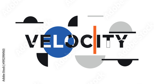 Black and white bold condensed word stretched across composition, vivid cobalt blue circle echoing rounded letterforms, bright orange vertical accent line