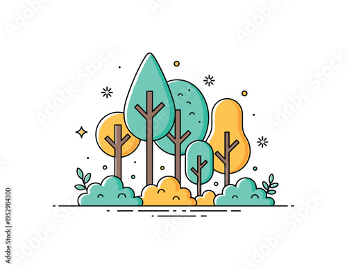 Wild nature woodland scene centered on a small cluster of varied tree shapes and gentle bush elements, expressing biodiversity and organic growth. Balanced