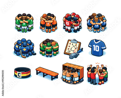 Sports Huddle. Colorful isometric vector icons set of Sports Huddle: soccer team huddle, basketball team huddle, football team huddle, volleyball team huddle,