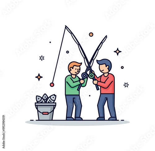 Generational bonding through fishing showing a small bucket with fish beside two figures holding a rod together. The scene communicates achievement, pride, and