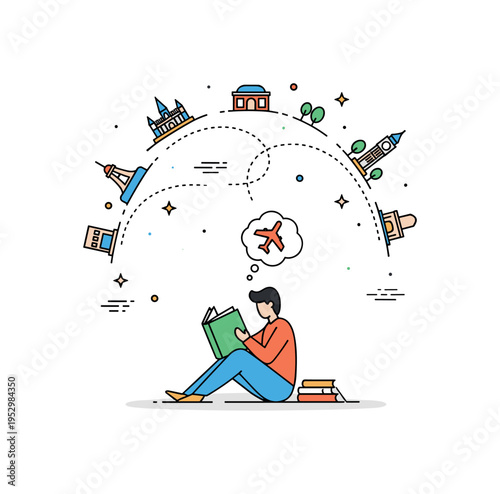 Solo traveler dreaming with a guidebook depicting a seated figure reading while a dotted path connects miniature landmarks in a soft arc overhead. The mood