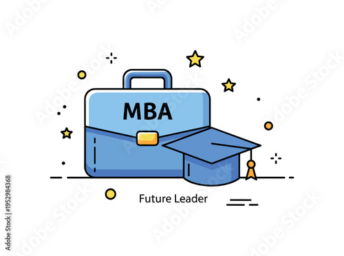MBA program focus with a briefcase icon paired with a graduation cap representing leadership training and business education. A small Future Leader text detail
