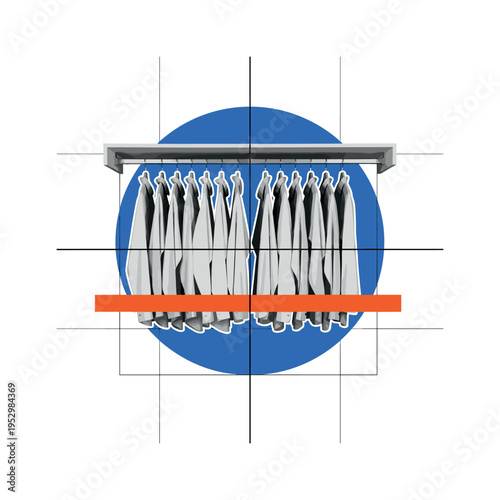 Black and white minimalist open closet with neatly aligned hanging shirts arranged symmetrically, bold blue circular halo behind the clothing rail, bright