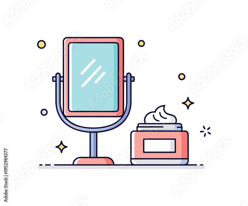 Skincare morning routine featuring a clean bathroom mirror and a simple face cream jar symbolizing self care and confidence. Subtle shine accents and minimal