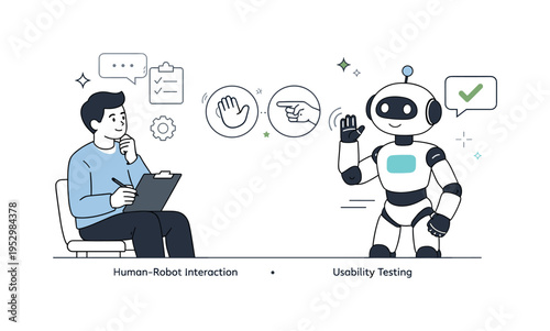 Human-robot interaction research. A researcher observing a robot responding to simple gestures, highlighting communication and usability testing. Friendly