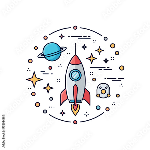Cosmic discovery emblem combining a rocket, small planet, and star cluster arranged in a balanced circular layout. The composition conveys unity of