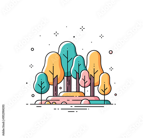 Mystic forest atmosphere centered on stylized trees with rounded crowns and a soft ground layer, suggesting peaceful solitude and natural harmony. Tiny star