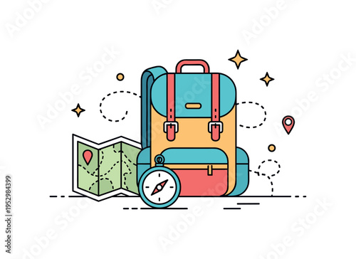 Nomad backpack journey featuring a large travel backpack paired with a simple map and compass, symbolizing self-reliance and adventure-driven lifestyle. Small