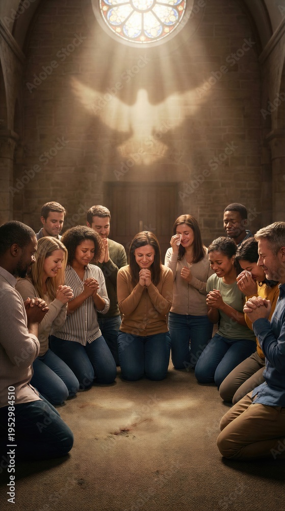 Obraz premium Group of diverse men and women kneeling in prayer, illuminated by light and a dove symbol from a stained glass window, for faith and spirituality.