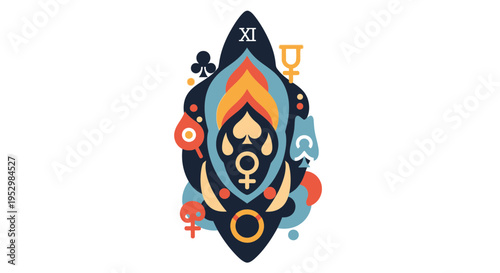 Abstract design with card suits and astrological symbols.