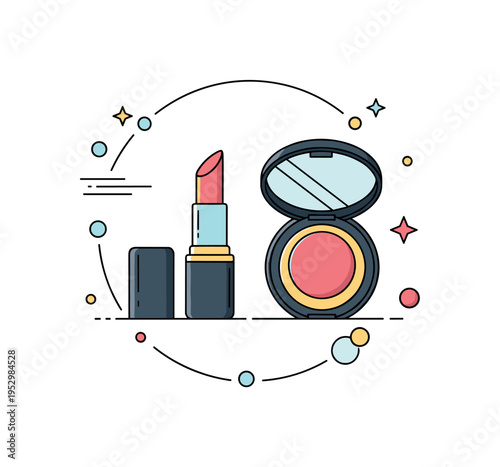 Beauty product mockup makeup branding theme showing a lipstick and compact case arranged symmetrically within a soft circular frame. The composition expresses