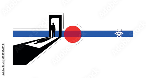 Black and white long shadow of a figure standing beside a symbolic doorway, bold crimson circle low on the horizon, cobalt blue horizontal stripe dividing
