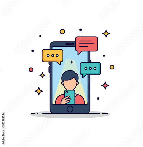 Digital age loneliness concept centered on a figure illuminated by a smartphone screen while small message icons float without response, symbolizing online