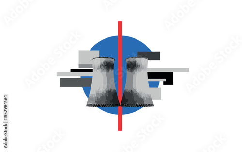 Black and white twin cooling towers centered symmetrically, vivid cobalt blue circle directly behind them for strong contrast, bright red vertical accent line