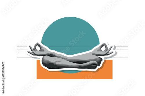 High-contrast monochrome hands resting gently in a meditation mudra position, sticker-like white contour around the hands, large abstract teal circle behind as