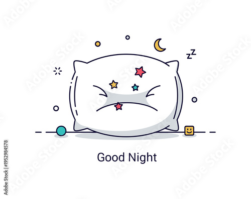 Pillow comfort and relaxation concept featuring a soft rounded cushion gently indented in the center with small floating stars suggesting deep rest. A calm