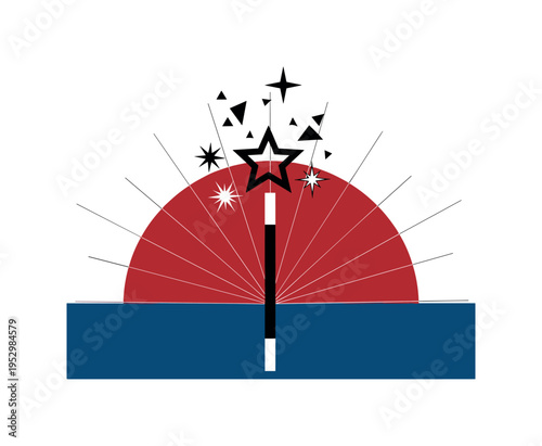 Black and white classic magic wand with sparkling star shapes simplified into geometric icons, oversized red semicircle rising behind like theatrical