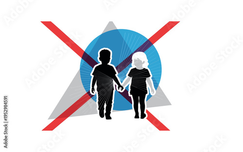 Black and white siblings walking hand in hand, oversized vivid blue circle framing their upper bodies, sharp red diagonal bar crossing composition for dynamic