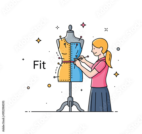 Fashion fitting session centered around a dress form mannequin with pinned fabric representing adjustments, tailoring, and silhouette refinement. A short word