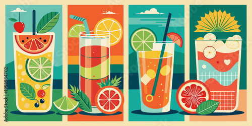 Set of refreshing summer cocktails with citrus fruits, vector