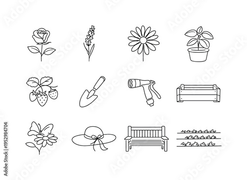 Summer Garden Bloom. Minimalistic set one-line drawing rose flower, lavender sprig, daisy bloom, potted basil plant, strawberry plant, garden shovel, watering
