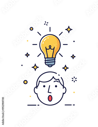 Eureka moment bright lightbulb glowing above a surprised face with tiny sparkle stars around it, expressing sudden clarity, discovery, and breakthrough